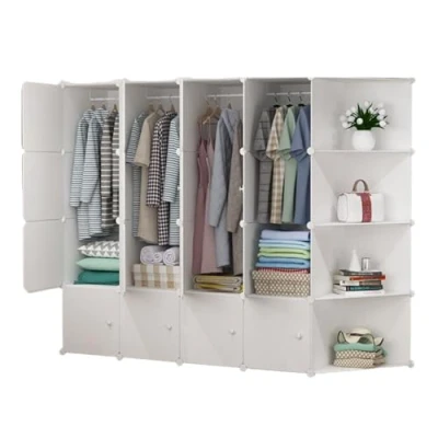 Bild av Modular Garderob, Modulhyllor, Clothes Organizer Garderob för hem, Förvaringshylla Sovrum, 20 Moduler, 3 Barer, 175x140 cm, Vit