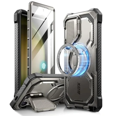 Bild av i Blason Armorbox för Samsung Galaxy S24 Ultra Case MagSafe med kameraskyddsstativ [Stödjer trådlös laddare] 360 helkroppsfodral skärmskydd och stativ, telefonfodral Ultra, grå