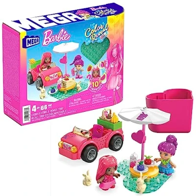 Bild av MEGA Barbie Color Reveal byggleksaker, bilresa med cabriolet och två mikrodockor, tillbehör, husdjur, färgförändringsfunktion tio överraskningar, HKF90