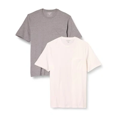 Bild av Amazon Essentials herr normal passform kortärmad rund hals ficka t shirt, paket med 2, grå ljung/vit, X Large