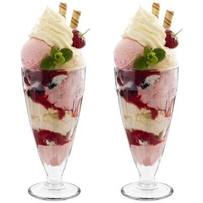 Bild av HEFTMAN Solae glas i glass set med 2 höga 350 ml Milkshake klassisk, klar design retro amerikansk middagsstil Knickerbocker Glory glasögon, diskmaskinssäkra efterrättsglas (2 pack)