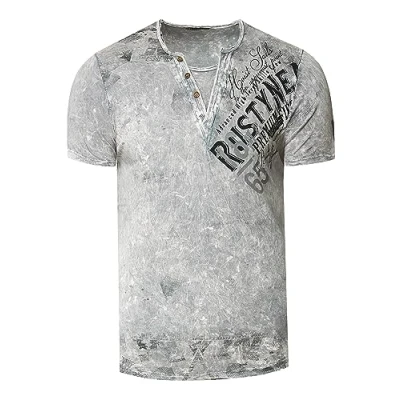 Bild av T shirt till herr tvättad begagnad look sida logo tryck rund hals med knappslå V ringad 240, Grå, L