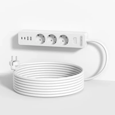 Bild av 3 vägs grenuttag, m med USB, NTONPOWER flera uttag, överspänningsskydd, väggmontering, använd lim, lång förlängningskabel barnsäkring, vit, flerdelad