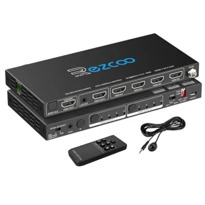 Bild av HDMI matris 4 in 2 ut 4K 60Hz 4:4:4 ARC HDR Dolby Vision Atmos SPDIF 5.1CH Breakout 3,5 mm Stereo HDCP2.2 PC konsol 16 EDID skalar 1080P Sync, HDMI2.0 4x2 IR fjärrkontroll