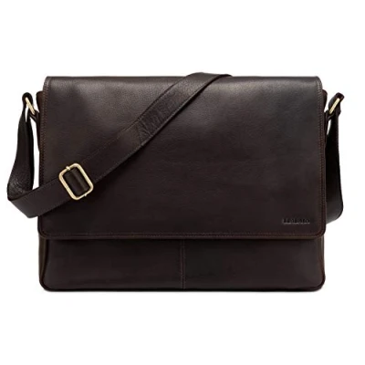 Bild av LEABAGS Läderaxelväska herr och dam I Messenger Bag med axelrem äkta läder laptopväska upp till 15 tum axelväska arbetsväska bärväska handväska, Mörkt kaffe, Einheitsgröße, Bohemisk,