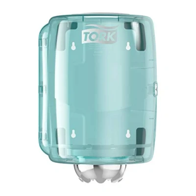 Bild av Tork 659000 invändig rullningsdispenser för M2 pappersnäsdukar i Performance Design/torkduk hygienisk borttagning av duk vit turkos