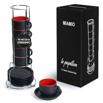 Bild av MIAMIO 6 x 75 ml stengods espressomugg/kopp set utomhus svart inuti färgglad Le Papillon Collection (Röd)