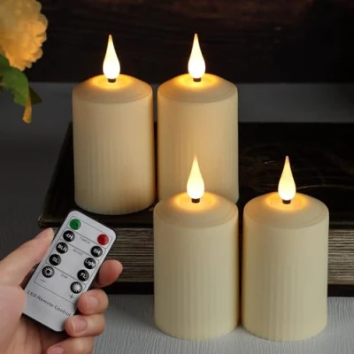 Bild av FREEPOWER 4 LED ljus med timer, fjärrkontroll, flimmer, utomhus, flamlösa blockljus, batteridrivna, advensljus, varmvit, adventskransdekoration, 350 timmar (Ø 5 x 10,5 cm)
