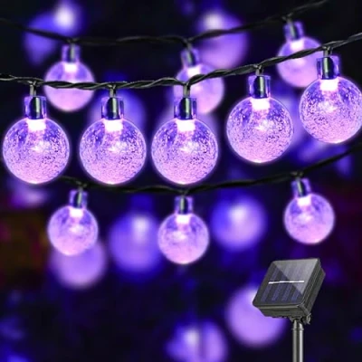 Bild av LQWELL® Solcellsljusslinga, 10 m, 40 LED, 8 lägen för inomhus och utomhusbruk, kedjeljus, kristallkulor, IP44, ljusslinga, trädgård, terrass, balkong, bröllop, fest, fönster (Lila)