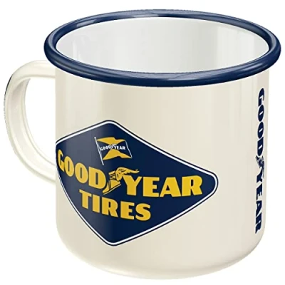 Bild av Nostalgic Art Emaljmugg i retrostil, Goodyear Logo White Presentidé för bil och motorcykelfantaster, Campingbägare, Deko vintagedesign, 360 ml