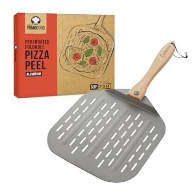 Bild av Chef Pomodoro Perforerad Aluminium Metallpizzaspade med hopfällbart trähandtag för enkel förvaring, Pizzaspade, Premium Pizzaspade hål att grädda hemlagad pizza och hantverksbröd (30 x 36 cm)