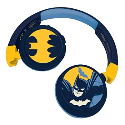 Bild av Lexibook, Batman, 2 i 1 Bluetooth hörlurar Stereo trådlösa med sladd, barnsäker volym, vikbara, justerbara, blå/gula, HPBT010BAT