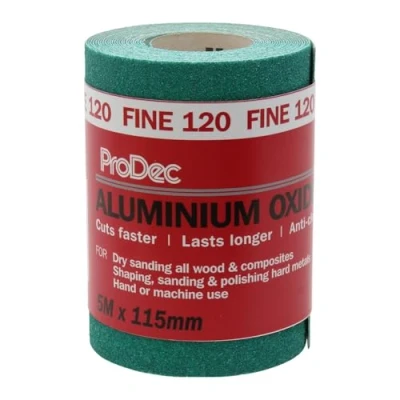Bild av ProDec 5 m rulle 120 korn fin kvalitet grön aluminiumoxid slippapper för slipning av trä, färg, gips, fyllning, metall och mer, 115 mm brett sandpapper kompatibelt med maskinslipmaskiner