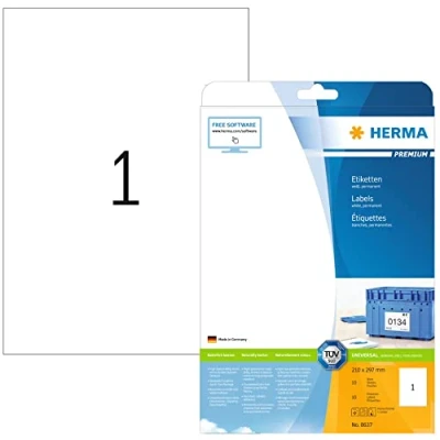 Bild av HERMA 8637 universella etiketter A4 stora (210 x 297 mm, 10 ark, papper, matt) självhäftande, utskrivbara, permanenta adressetiketter, klistermärken, vit