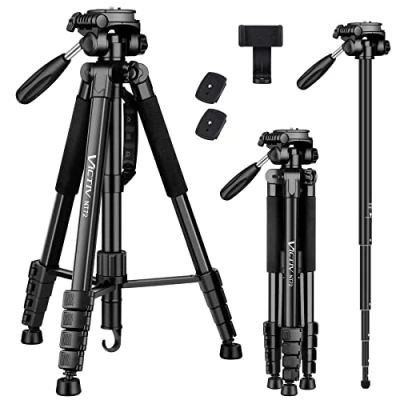 Bild av Victiv 72 tum kamerastativ, aluminium, enbensstativ, T72 Max. Höjd 182 cm, lätt och kompakt för resor, med 3 vägs svängbart huvud 2 snabbkopplingsplattor DSLR videoinspelning, svart