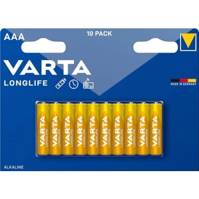 Bild av VARTA Longlife AAA Micro LR03 alkaliska batterier (10 pack) tillverkad i Tyskland perfekt för fjärrkontroller, radio, väckarklockor och klockor