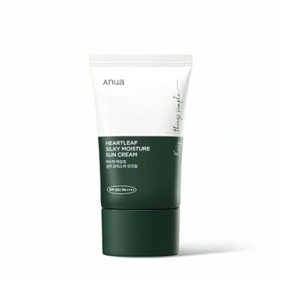 Bild av Anua Heartleaf Silky Moisture Sun Cream SPF 50+ PA ++++ fuktgivande och lugnande (Heartleaf, Panthenol) Vit restfri ekologisk solkräm för känslig hud (50 ml)