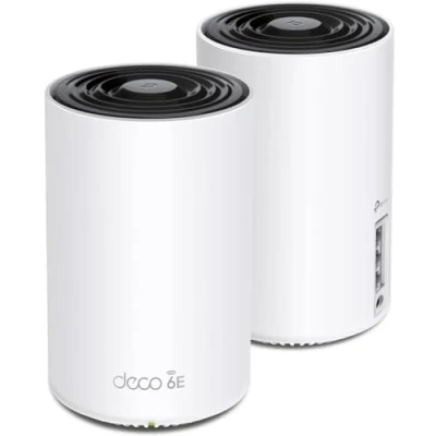 Bild av TP Link Deco XE75 Wi Fi 6E Mesh WLAN set (2 pack), AX5400 Tri band router och repeater, räckvidd upp till 510 m², WPA3, perfekt för stora hus, kompatibel med Amazon Alexa, 6 x Gigabit portar, vit