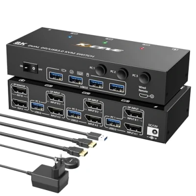 Bild av Displayport KVM Switch 3 PC 2 Monitor 8K@30Hz 4K@144Hz, USB3.0 Dual Switchar 1.4 med 4 USB 3.0 portar för enhet, trådbunden fjärrkontroll och 12V strömadapter ingår