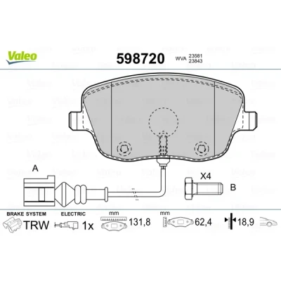 Bild av VALEO 598720 Jeu de plaquettes frein Essieu avant contact signal d&#039;usure inclus avec kit vis fixation, tôle anti bruit
