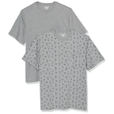 Bild av Amazon Essentials herr normal passform kortärmad rund hals ficka t shirt, paket med 2, kaktustryck/grå ljung, X Small