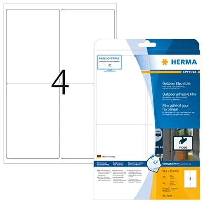Bild av HERMA 9534 väderbeständiga folieetiketter A4 (99,1 x 139 mm, 10 ark, polyeten, matt) självhäftande, utskrivbara, extremt stark häftande utomhus filmetiketter, 40 klistermärken, vit