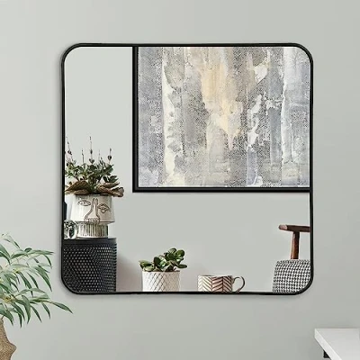 Bild av Amerikansk platt inramad 80 cm fyrkantig svart spegel med rundade hörn modern väggspegel för badrum, sovrum, vardagsrum, hängande väggdekor