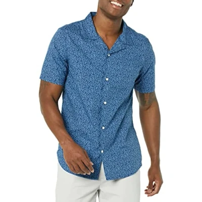 Bild av Amazon Essentials mäns Slim Fit semesterskjorta, marinblå palmbladtryck, medium