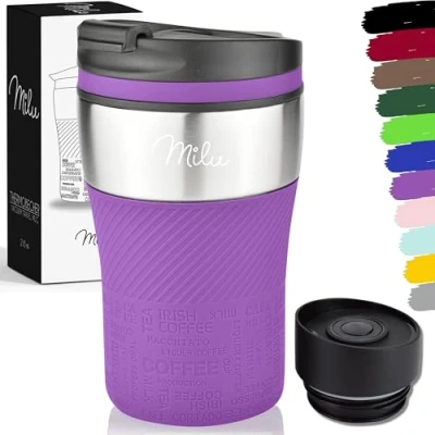 Bild av Milu thermo mugg isolerad kaffe to go 210 ml 100% läckagesäker drickmugg i rostfritt stål bilmugg dubbelväggig isolering termisk resemugg (Lila, 210ml)