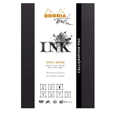 Bild av Rhodia 116122C Anteckningsblock calligraph dyna, limmad på huvudsidan, DIN A5+ (16 x 21 cm), 50 ark mikroperforerade, tom, Clairefontaine papper Simili Japon elfenben 130 g, svart, 1 styck