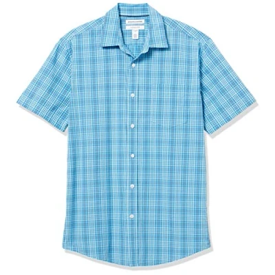 Bild av Amazon Essentials Men&#039;s Kortärmad poplinskjorta med normal passform, Blå Vit Rutig, M