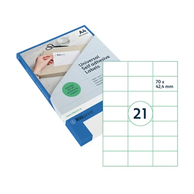 Bild av Rillprint självhäftande etiketter för flera ändamål transparent matt förpackning med 525 70 x 42,4 mm 21 per A4 ark utskrivbara och avtagbara universella