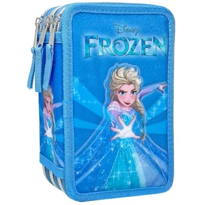 Bild av Clondo 3D pennfodral med 3 fack för barn, trippelfyllda, 44 grundskoletillbehör, blixtlås, 20 cm, rad, kritor, markörer, Frozen25, pennhållare