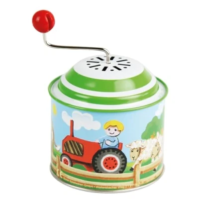 Bild av Bolz 52760 roterande dosa för musik, musikburk ca 10,5 x 7,5 cm, plåtrotationsburk med Melodie Old Mc Donald Has a Farm, burk av metall, trekant barn från 18 månader, motivorgel, färgglad
