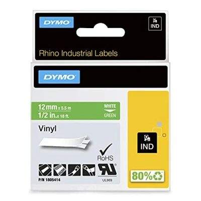 Bild av DYMO Rhino Industriella vinyletiketter 12 mm x 5,5 m Vitt tryck på grönt självhäftande för noshörning och etiketthanterare