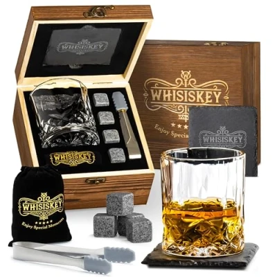 Bild av Whisiskey whiskyglas set whiskytillbehörsset 4 whiskystenar och 1 glasunderlägg present för män isbitar återanvändbara presenter till