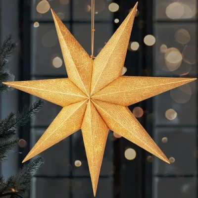 Bild av BRUBAKER Julstjärna i 3D att Hänga upp LED Pappersstjärna med Timer 60 cm Adventsstjärna Modernt Mönster Batteridriven och Upplyst Juldekoration Ljusstjärna för Fönster Guld