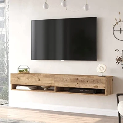 Bild av [en.casa] TV hängbräda med 2 förvaringsfack, Laitila, lågbräda, väggskåp, 180 cm, bräda, bord, vägghylla, hängande ek, rustik