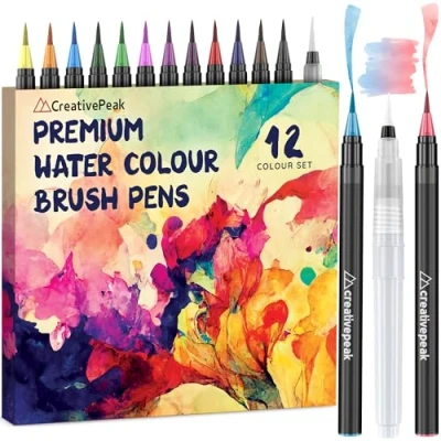 Bild av Watercolour Brush Pens, 12 Vibrant Soft Tip Colouring Markers w/Blending Brush, Pen Set for Calligraphy &amp; Lettering by CreativePeak Akvarellpenselpennor livfulla färgpennor och