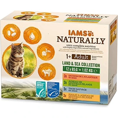 Bild av IAMS Naturally Land &amp; Sea Collection Kattmat i sås högkvalitativt våtfoder med kött och fisk för vuxna katter, 12 x 85 g