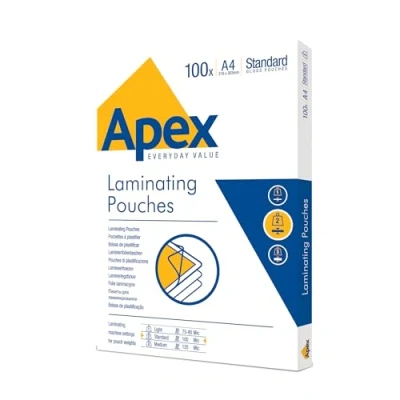 Bild av Fellowes Apex A4 lamineringspåsar, glansig finish, 100 ark standard perfekt för meddelanden, foton, annonser, certifikat och daglig användning