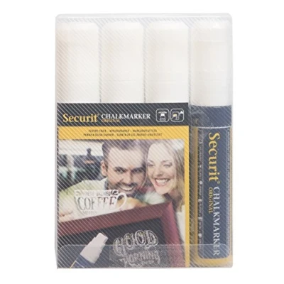 Bild av Securit väska med 4 flytande kritmarkörer fasad spets linjebredd 7 mm x 15 (vit) (Storbritannien import)