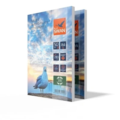 Bild av Blue SWAN A4 Glansigt Fotopapper, Extra Tjockt, 230g/m², 100 Ark, Högblankt Vitt, Snabbtorkande, Reptåligt, Lämpligt för Bläckstråleskrivare