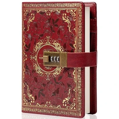 Bild av Vintage läderjournal anteckningsbok med kombinationslås, A5 präglad blomma hemlig dagbok linjerat papper för att skriva, present till kvinnor flickor barn (vin)