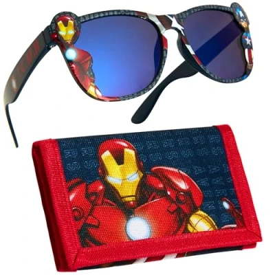 Bild av Marvel pojkar UV skydd solglasögon och trippelvikt plånbok set presenter, Röd/Svart Avengers