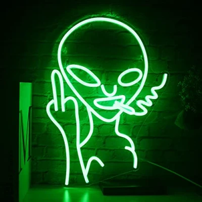 Bild av SIGNSHIP Rökande alien neonlampor för väggdekoration, USB, dekorativ LED neonskylt, grön neonskylt hem, barnrum, bar, klubb, sovrum, fest