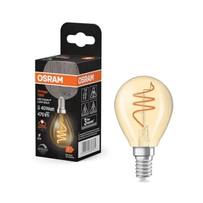 Bild av OSRAM Vintage 1906 Classic är en varmvit, dimbar LED lampa i minikulaform med spiralglödtråd. Den erbjuder 4,9 W för 470 lm, E14 sockel, guldfärgat glas, 45 mm diameter, 2200 K.