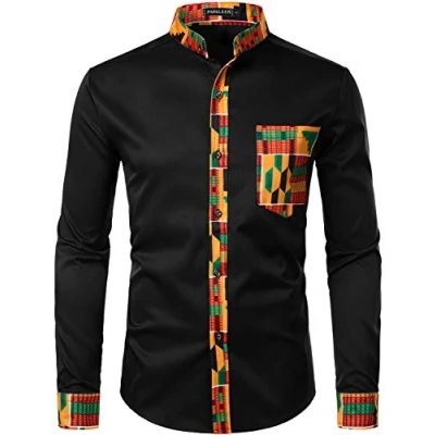 Bild av PARKLEES Afrikansk Dashiki tribal grafiskt lappverk långärmad tryckt farfar krage skjorta, Pzzcl46 svart, XXL