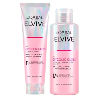 Bild av L&#039;Oréal Paris Elvive Glycolic Gloss 150 ml glykolsyrabalsam + 5 minuters lamineringsbehandling för blekt och poröst hår på 200 2 flaskor