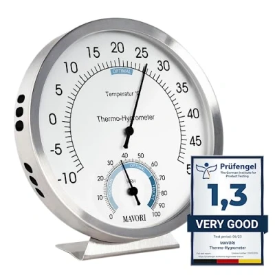 Bild av MAVORI® 2 i 1 termometer och hygrometer av rostfritt stål analog luftfuktighetsmätare rumstermometer inomhus för ditt friska inomhusklimat 12,5 cm